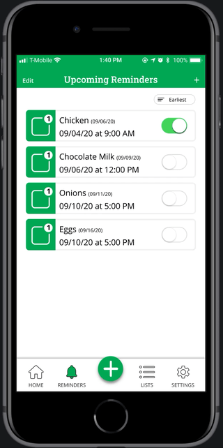 Create a new reminder, storage unit, or shopping list