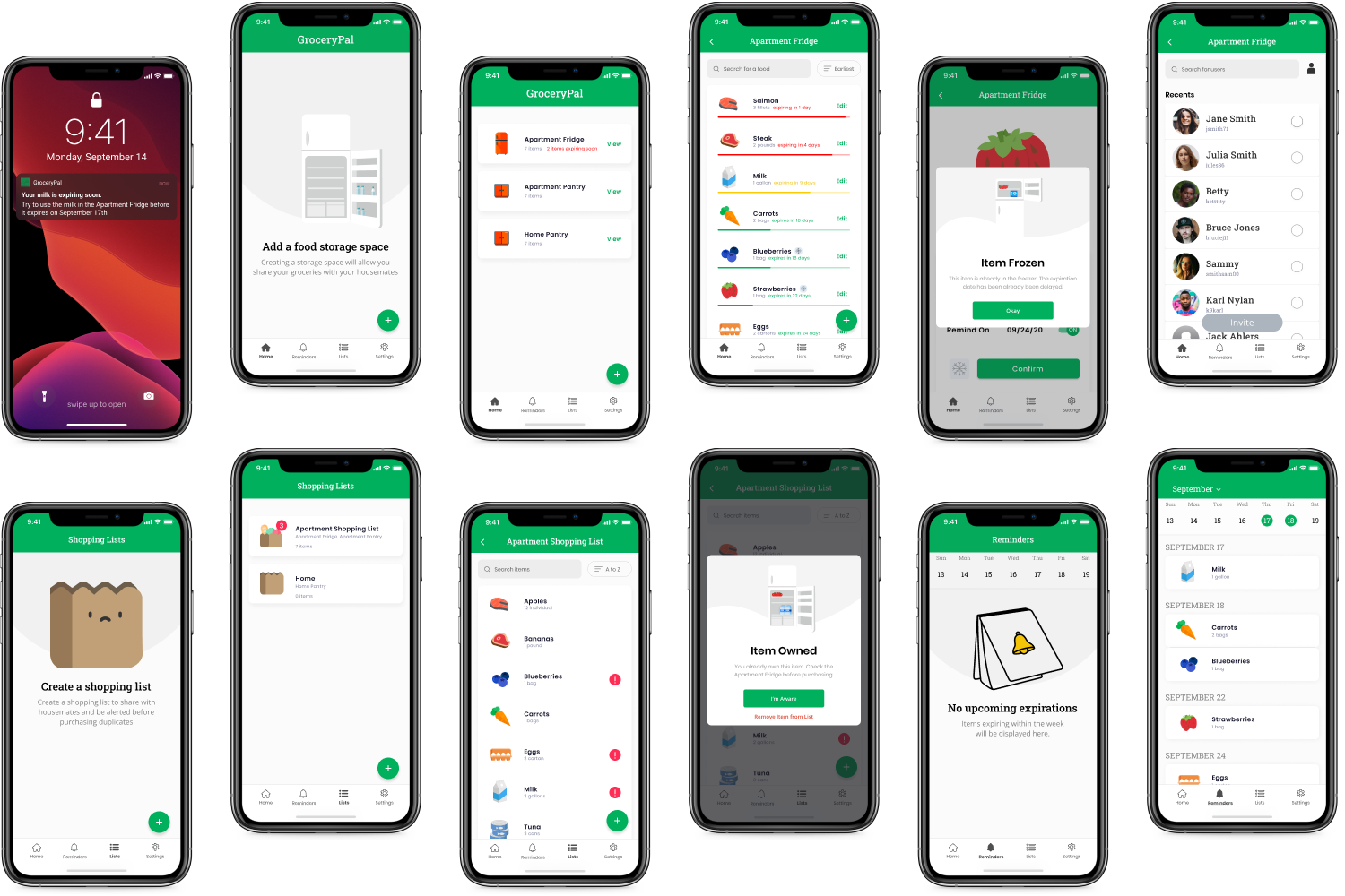 preview of various screens made for GroceryPal