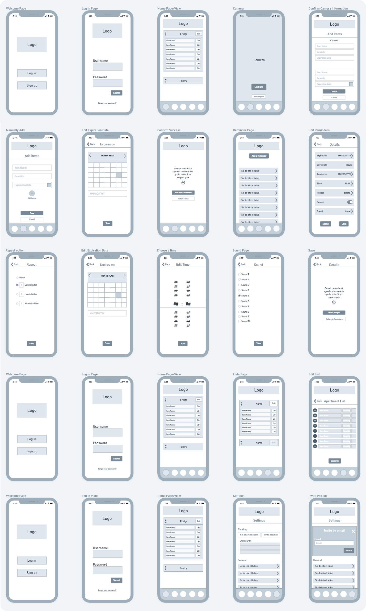 first iteration wireframes for GroceryPal