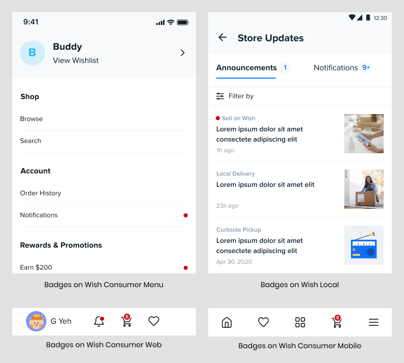 badges in use on various screens